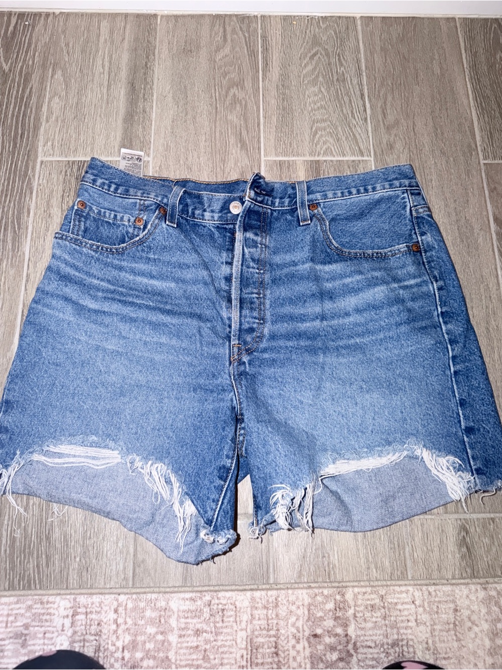 Levi's Medium Blue High-Waist Distressed Jean Shorts